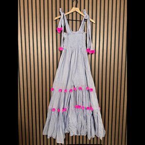 Sundress Pippa Dress XS / S Blue Pink Pom Pom Accent Maxi Leg Slit Shoulder Tie